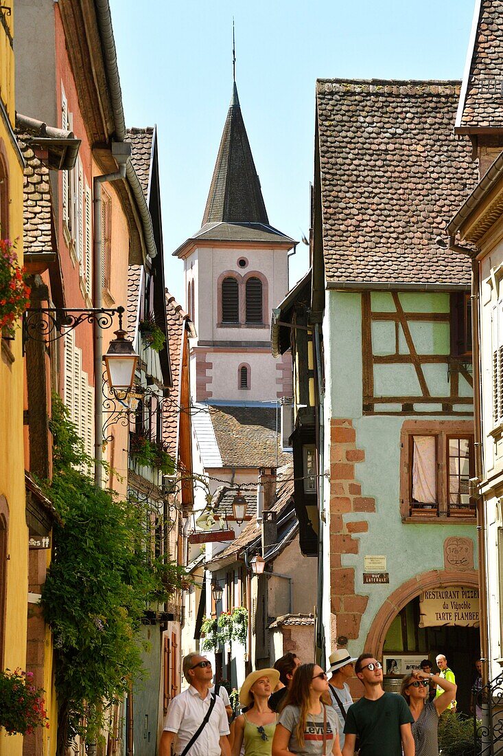 France, Haut Rhin, Alsace Wine Route, Riquewihr, labelled Les Plus Beaux Villages de France (The Most Beautiful Villages of France), traditionals half timbered houses, catholic church\n