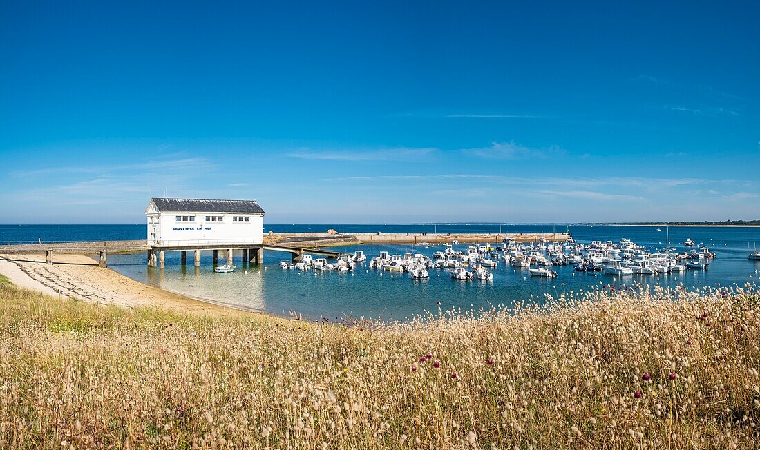 France, Finistere, Tregunc, Pointe de Trevignon, Trevignon harbour and the SNSM canoe shelter\n