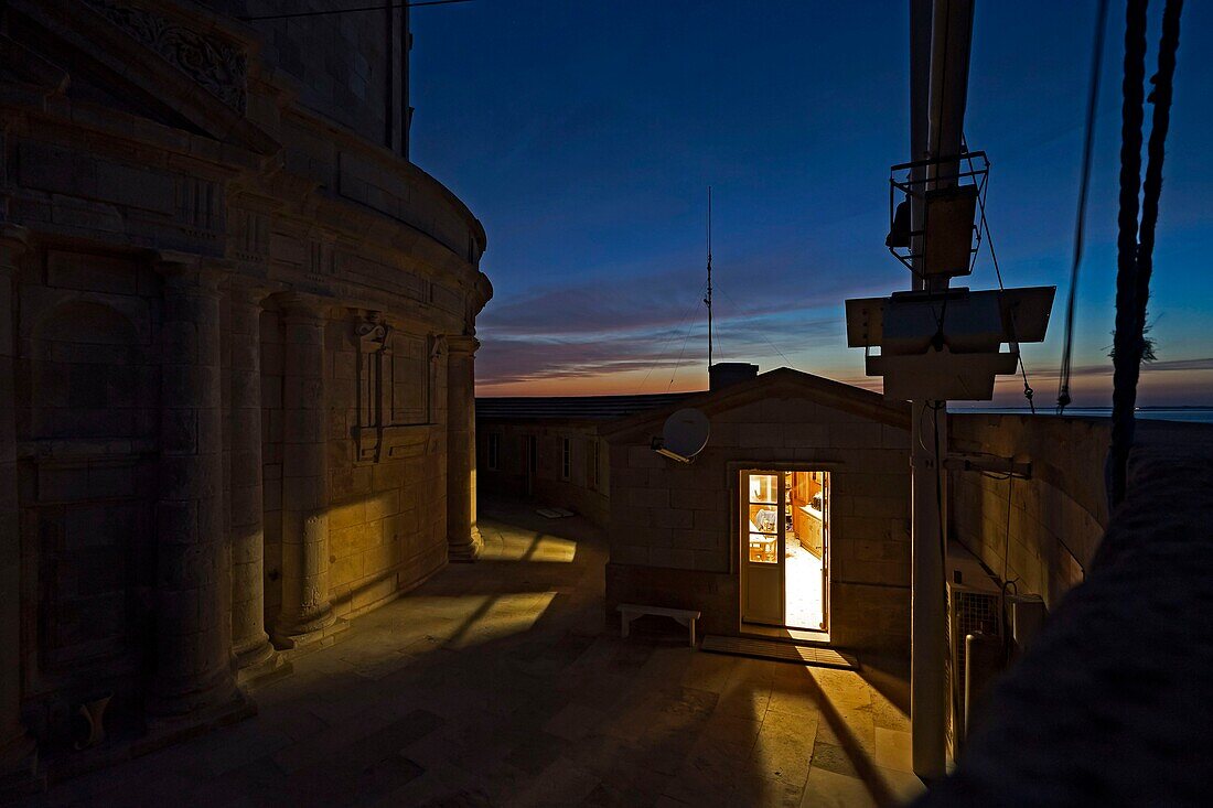 France, Gironde, Verdon-sur-Mer, rocky plateau of Cordouan, lighthouse of Cordouan, classified Historical Monuments, kitchen of lighthouse keepers at dusk\n