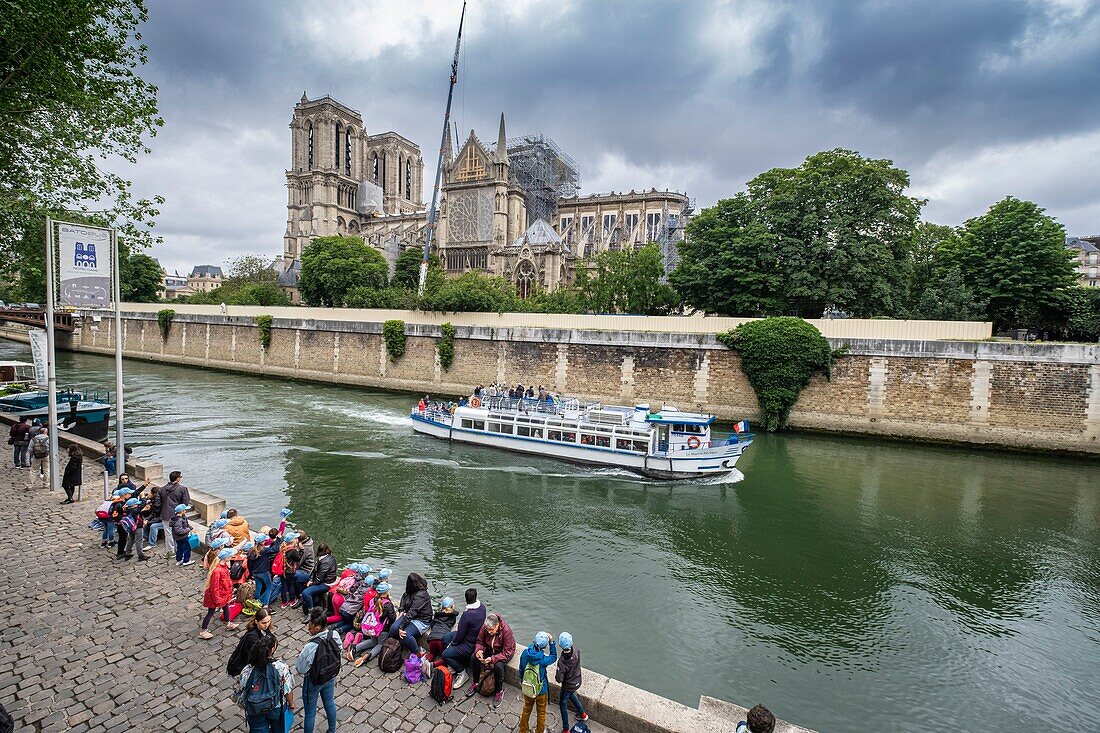 France, Paris, the banks of the Seine river, a UNESCO World Heritage site, Ile de la Cité, Notre-Dame Cathedral after the fire of April 15, 2019\n