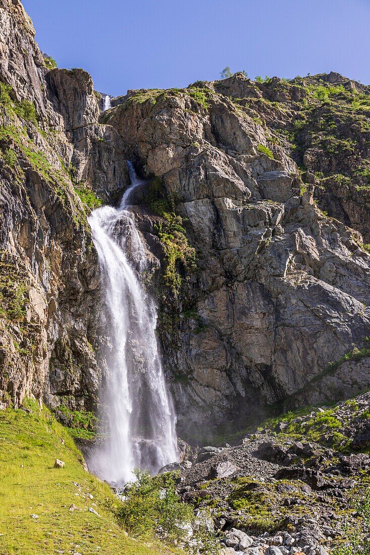 France, Hautes Alpes, Ecrins National Park, valley of Valgaudemar, La Chapelle en Valgaudémar, Combefroide waterfall\n