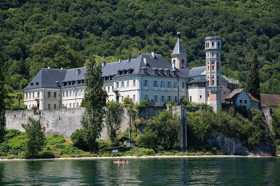 France, Savoie, Lake Bourget, Aix les Bains, Alps Riviera, Hautecombe abbey occupied today by the community of chemin neuf seen from the lake\n