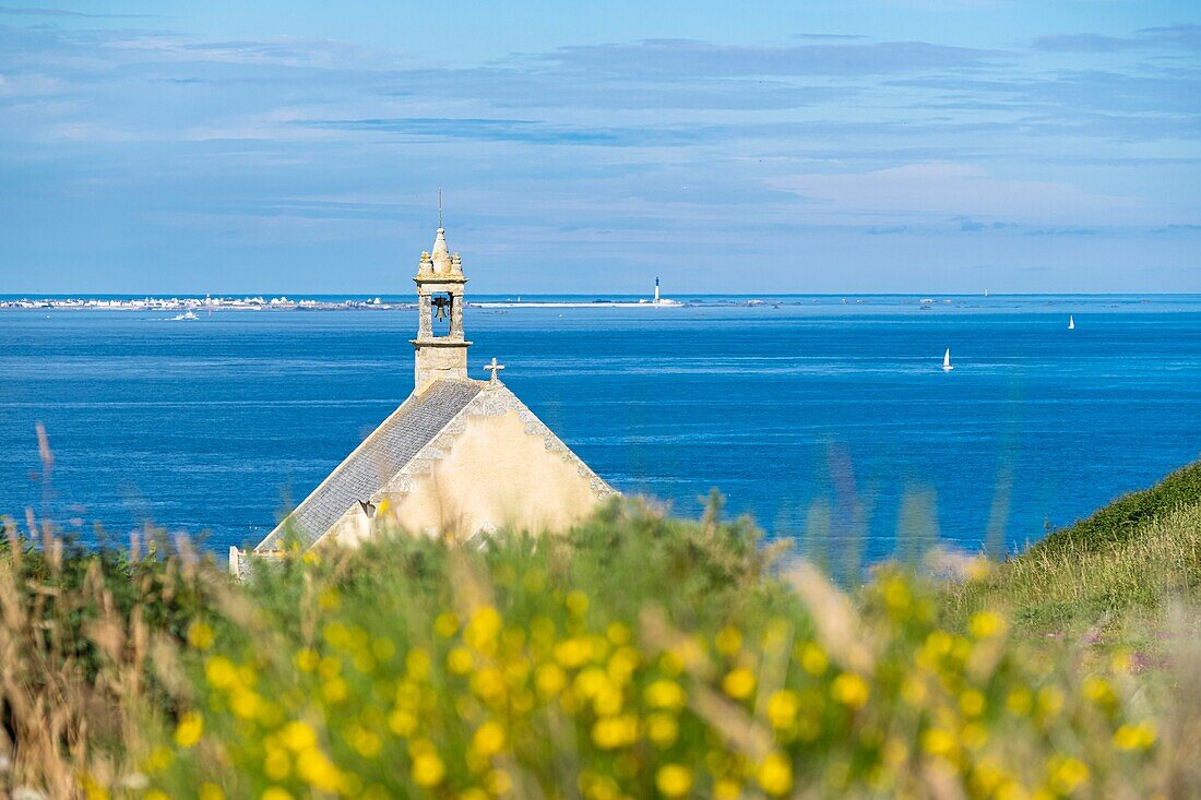 France, Finistere, Cleden-Cap-Sizun, Pointe du Van, Saint-They chapel and Sein island in the background\n