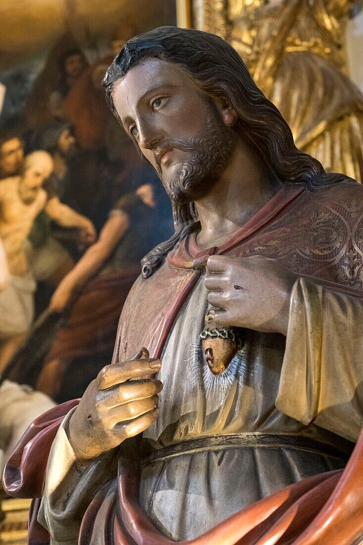 France, Alpes Maritimes, Nice, listed as World Heritage by UNESCO, Old Nice, interior of the Cathedral the Reparate, Sacred Heart of Jésus statue\n