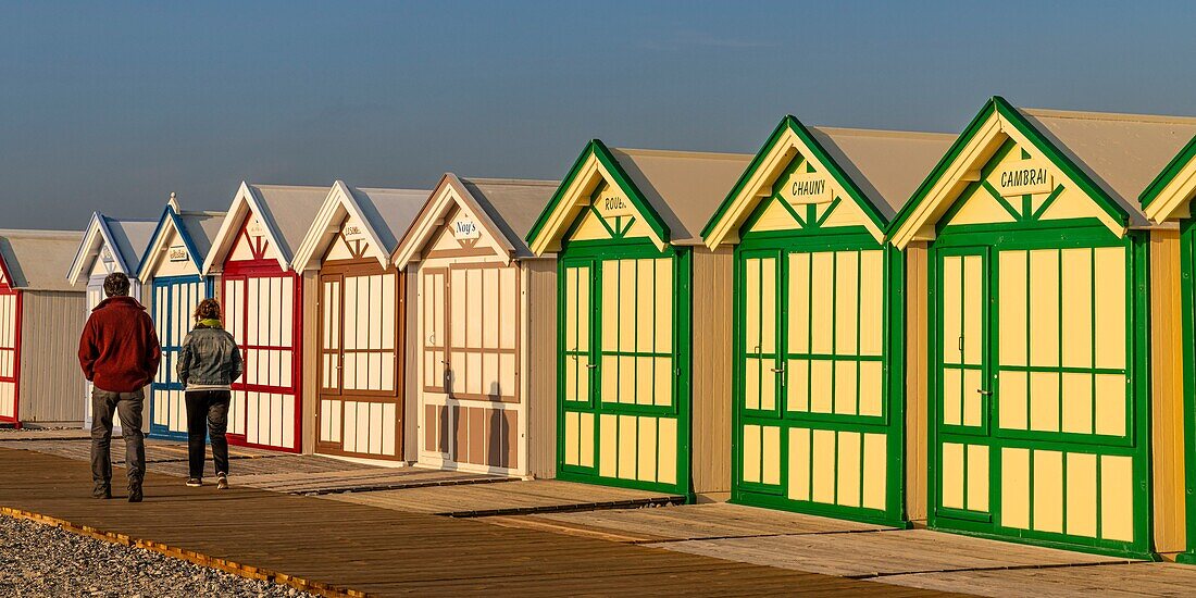 France, Somme, Cayeux sur Mer, The path boards in Cayeux sur Mer is the longest in Europe, it sports its colorful beach cabins with evocative names on nearly 2 km long on the pebble cord\n