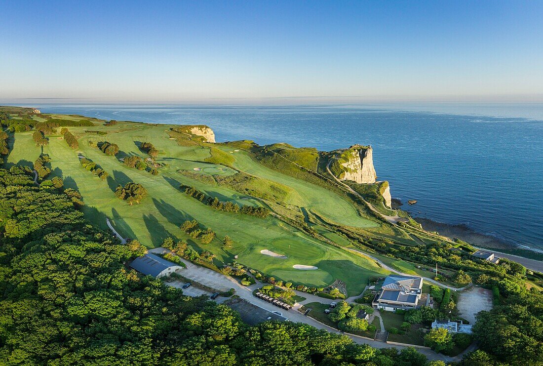 France, Seine Maritime, Etretat, Cote d'Abatre, the golf (aerial view)\n