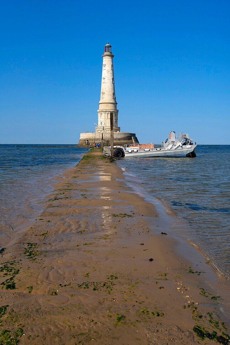 France, Gironde, Verdon-sur-Mer, rocky plateau of Cordouan, lighthouse of Cordouan, classified Historical Monuments, visit of the lighthouse with transfer by boat and amphibious barge\n