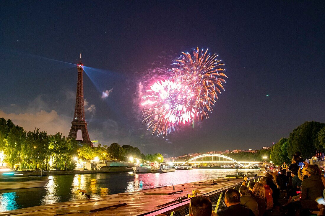 France, Paris, area listed as World Heritage by UNESCO, National Day, the fireworks of July 14, 2019 and the Eiffel Tower\n
