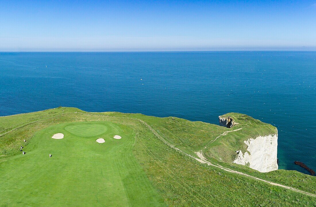 France, Seine Maritime, Etretat, Cote d'Abatre, the golf (aerial view)\n