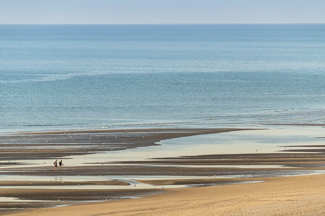 France, Somme, Fort-Mahon, Couple walking on the beach seen from the heights of the dunes near Authie Bay\n