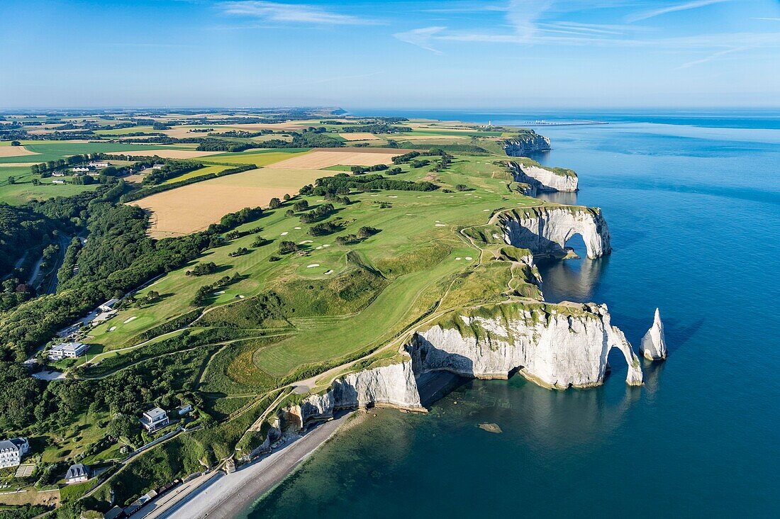 France, Seine Maritime, Etretat, Cote d'Abatre, the golf, the Aiguille (aerial view)\n