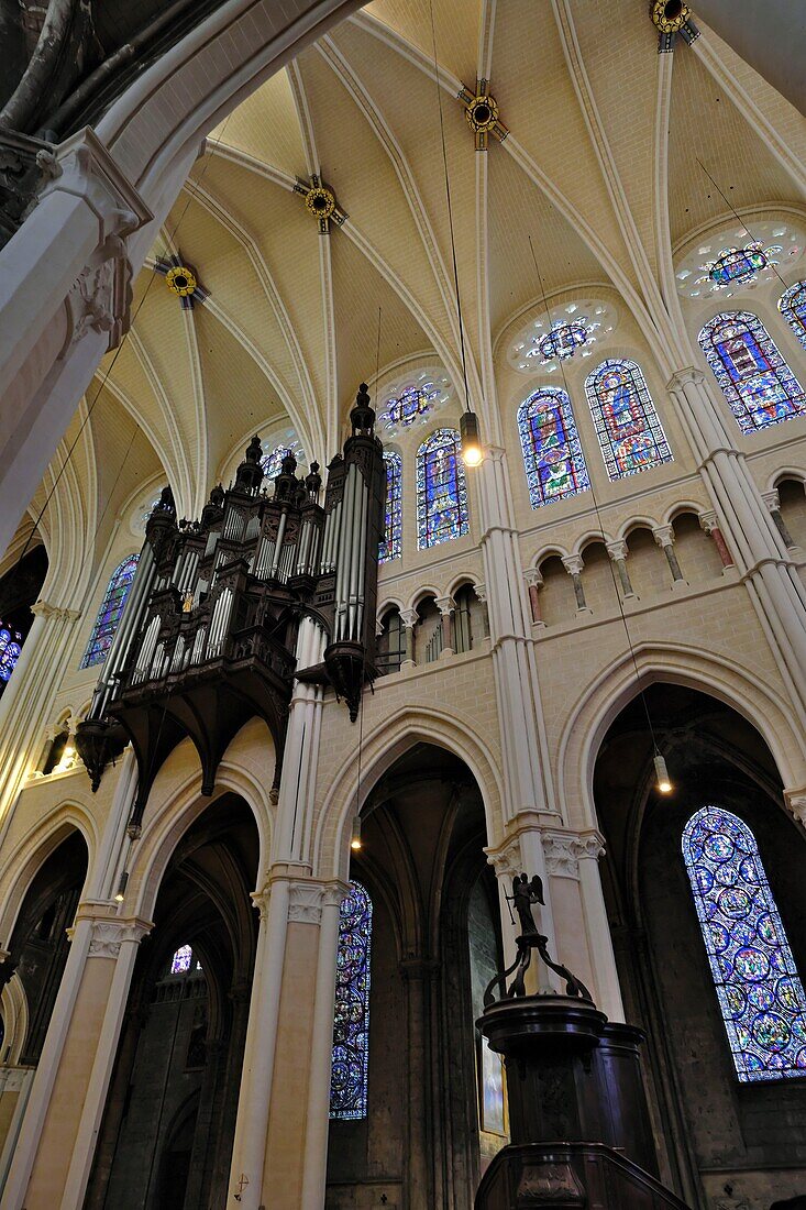 France, Eure et Loir, Chartres, Notre Dame cathedral, nave, stained glasses, organ\n