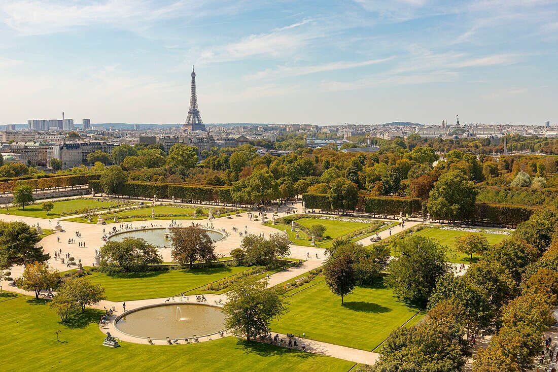 France, Paris, the Tuileries Garden and the Eiffel Tower\n