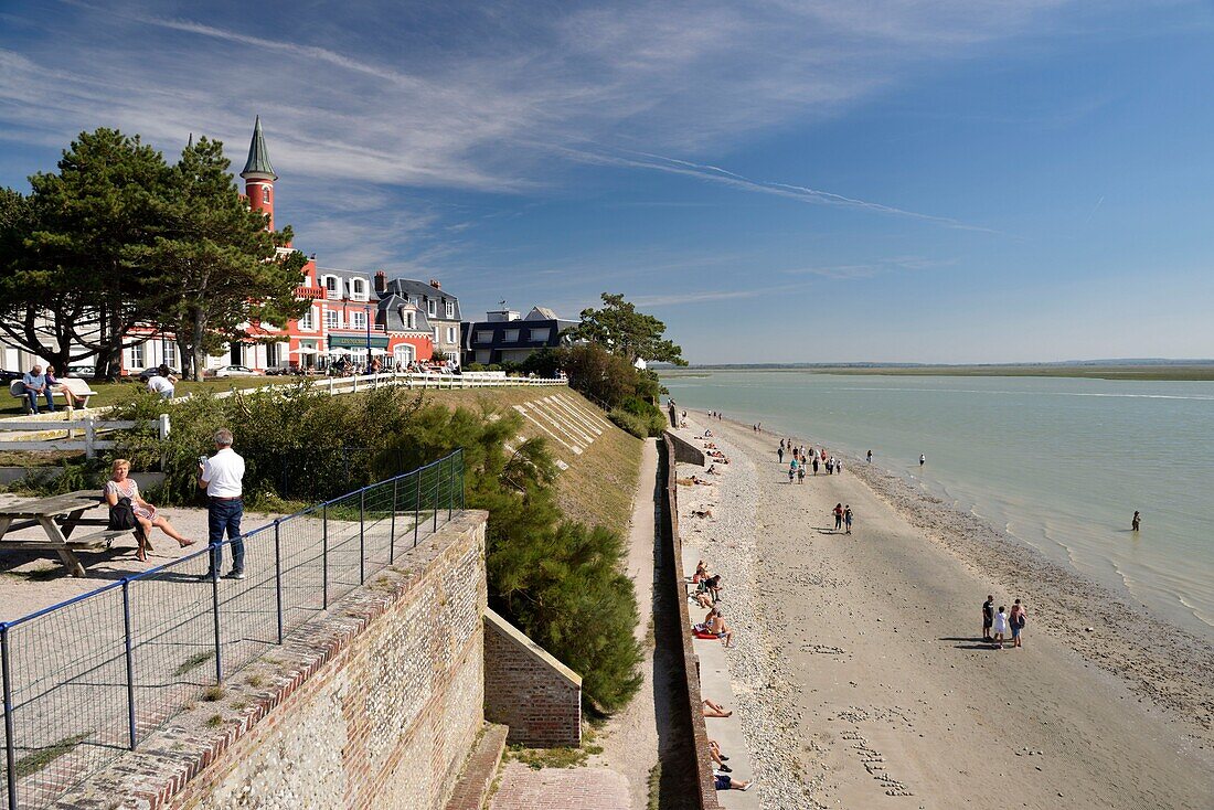 France, Somme, Bay of Somme, Le Crotoy, Les Tourelles hotel and restaurant located in the former residence of the Guerlain family, with view on the Beach and the bay of Somme\n