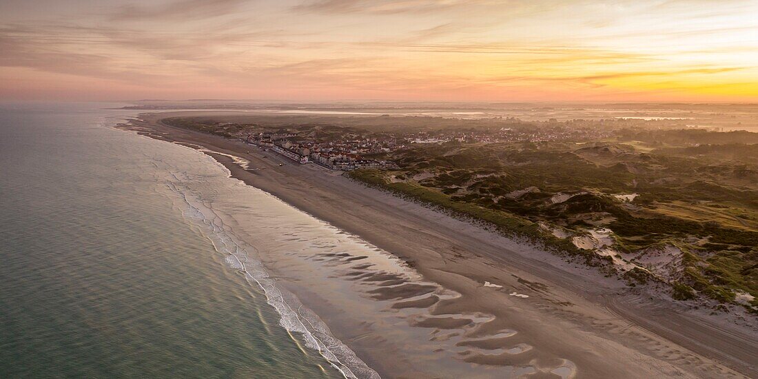 France, Somme, Marquenterre, Quend-Plage, the beach at Quend-Plage, with Fort-Mahon and the Authie Bay on one side, and the Bay of Somme and the bouchot mussel farms on the other (aerial view) (aerial view)\n