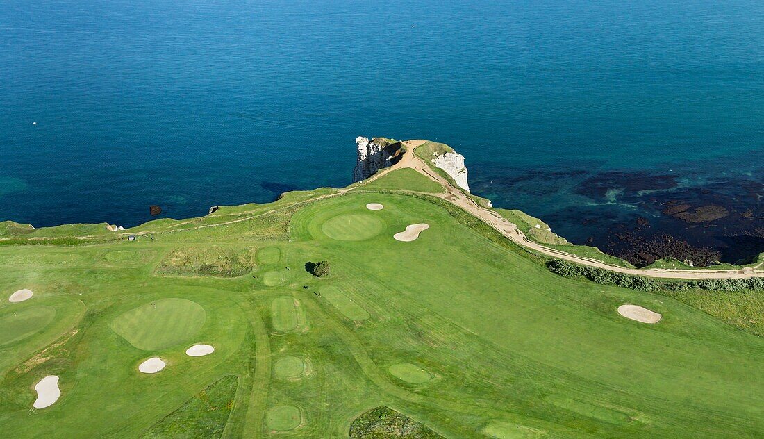 France, Seine Maritime, Etretat, Cote d'Abatre, the golf (aerial view)\n