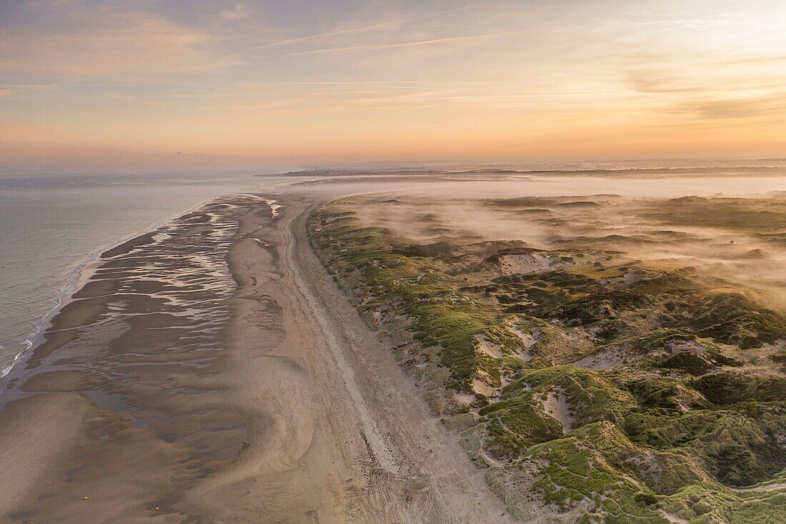 "France, Somme, Bay of Authie, Fort-Mahon, the dunes of Marquenterre at sunrise while the mist still nestles between the dunes; view between Fort Mahon and Authie Bay"\n