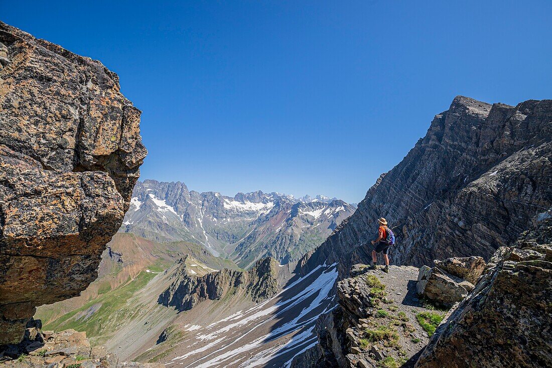 France, Hautes Alpes, Ecrins National Park, Orcieres Merlette, Natural Reserve of the Circus of Grand Lac des Estaris, view from the Prelles Pass (2807m) on the Sirac (3441m), the Dome of the Ecrins (4102m) and Mount Pelvoux (3946m) on the right\n