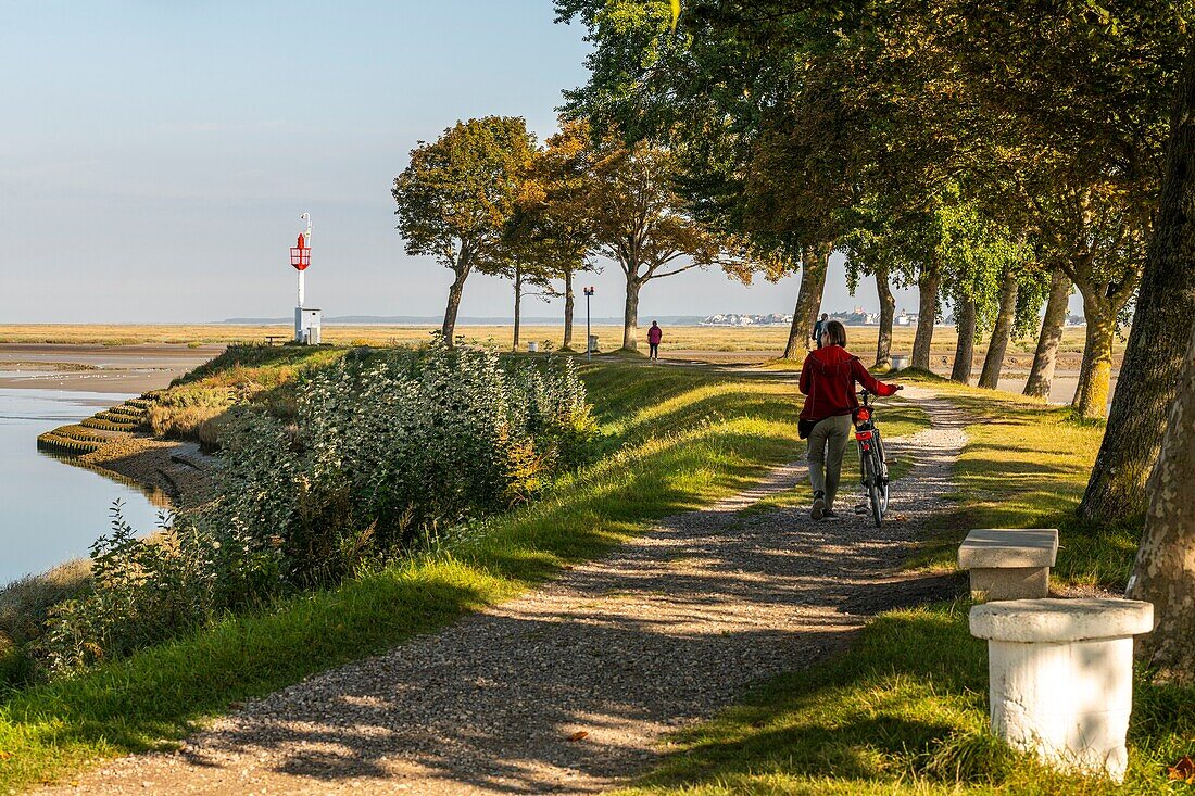 Frankreich, Somme, Somme-Bucht, Saint-Valery-sur-Somme, Spaziergänger auf dem Deich, der zur Laterne führt, am Ufer der Somme