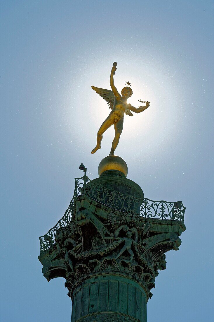 France, Paris, Place de la Bastille, Column of July, the Genie de la Liberte, gilded bronze sculpture of Auguste Dumont\n