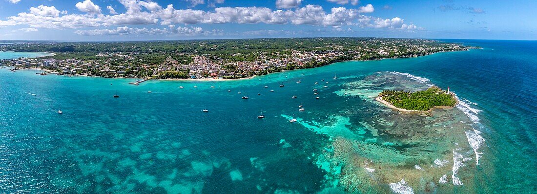 France, the Caribbean, Lesser Antilles, Guadeloupe, Grande-Terre, Le Gosier, panoramic aerial view of the Islet of Gosier and the Petit Cul-de-Sac Marin\n