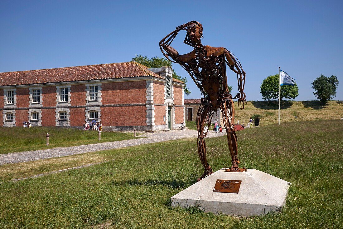 France, Charente Maritime, Saintonge, Hiers Brouage, Brouage citadel, labelled Les Plus Beaux Villages de France (The Most Beautiful Villages of France), the Food hall housing an exhibition of the European Center for Military Architecture, Watcher Statue\n