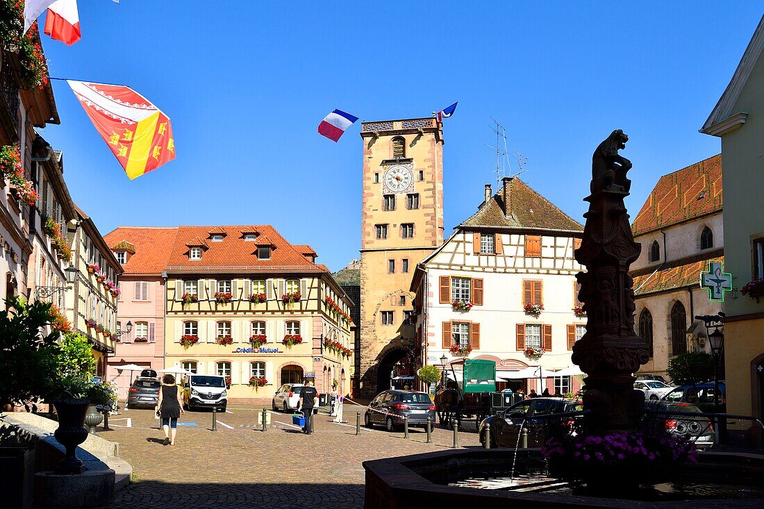 France, Haut Rhin, the Alsace Wine Route, Ribeauville, Place de l'Hotel de ville, Bouchers (butchers) tower\n