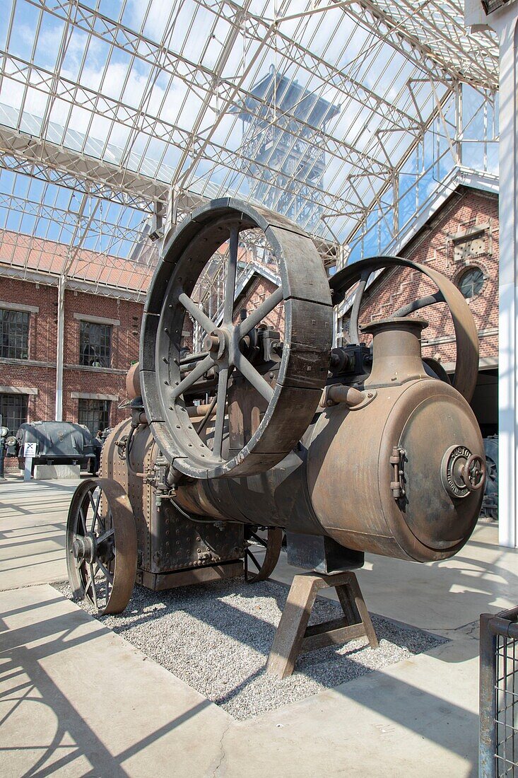 France, Nord, Lewarde, Mining History Centre listed as World Heritage by UNESCO, glass of machines in the main courtyard\n