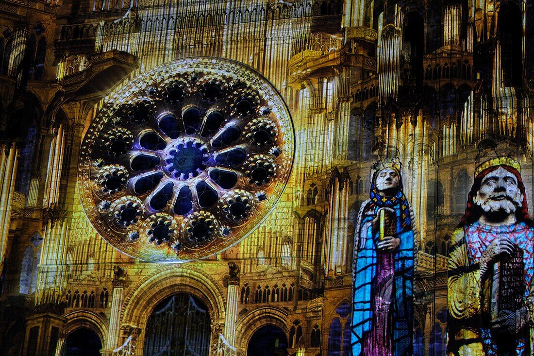 France, Eure et Loir, Chartres, Notre Dame cathedral listed as World Heritage by UNESCO, illuminations during Chartres en Lumieres, west facade\n
