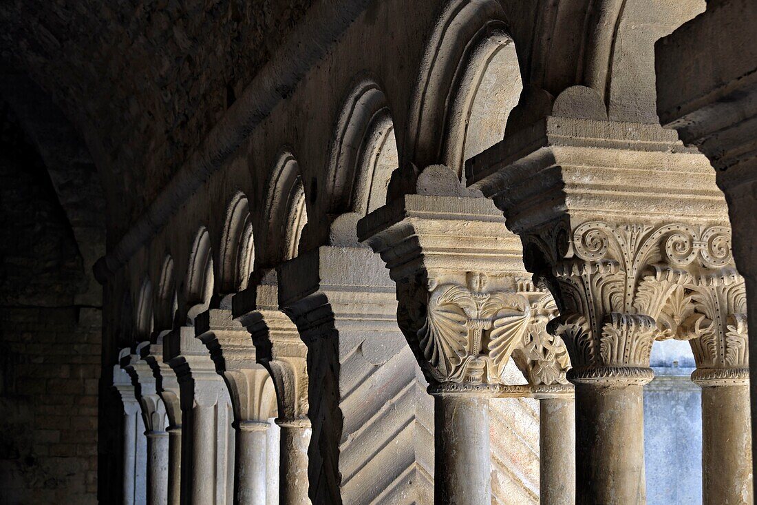 France, Vaucluse, Vaison la Romaine, Notre Dame de Nazareth cathedral, cloister dated 11th and 12th centuries, gallery, column, marquee\n