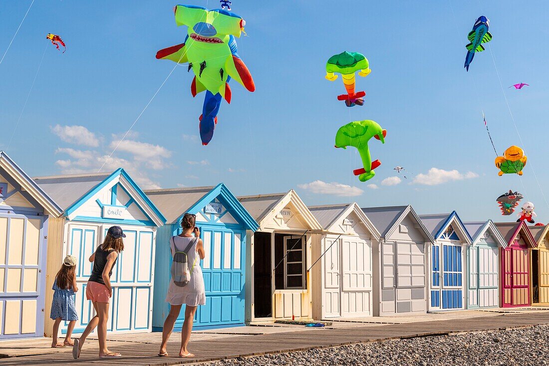 France, Somme, Bay of the Somme, Cayeux-sur-mer, The kite festival which takes place once a year on the pebble dike and the path of the boards lined with beach cabins\n
