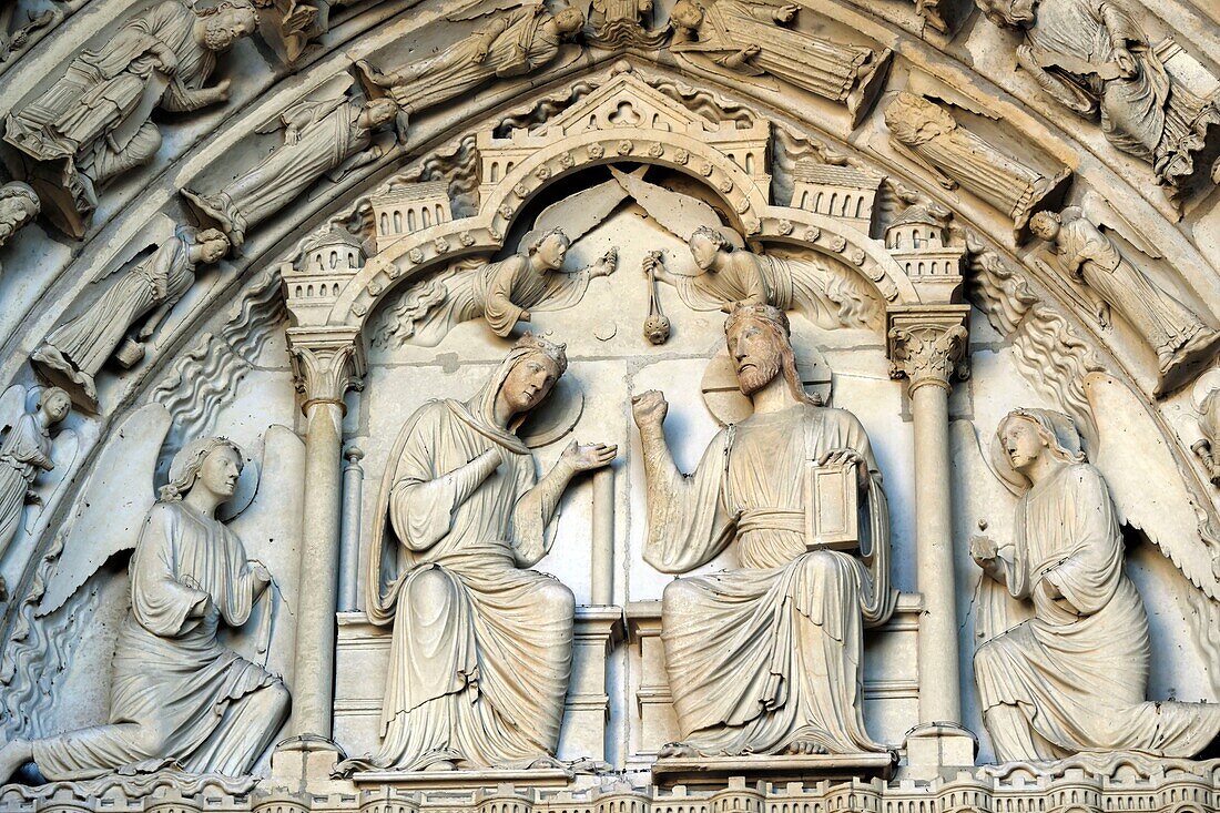 France, Eure et Loir, Chartres, Notre Dame cathedral listed as World Heritage by UNESCO, north portal, central Bay, tympanum, The Coronation of the Virgin\n