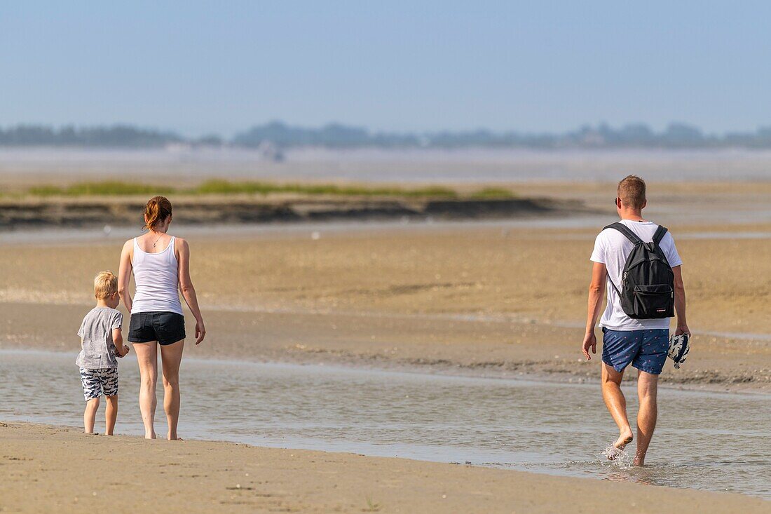 Frankreich, Somme, Somme-Bucht, Naturschutzgebiet der Somme-Bucht, Le Crotoy, Strände der Maye, Spaziergänger in der Somme-Bucht bei Ebbe