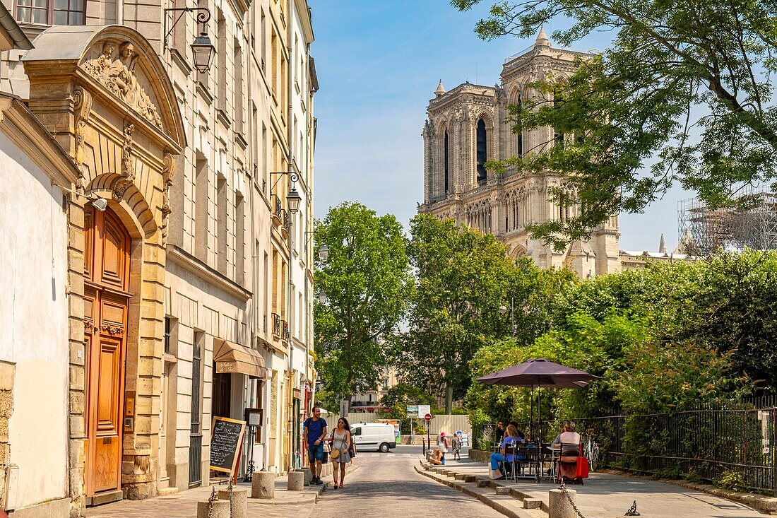 France, Paris, Saint Michel district, Saint Julien le Pauvre street and Notre Dame cathedral\n