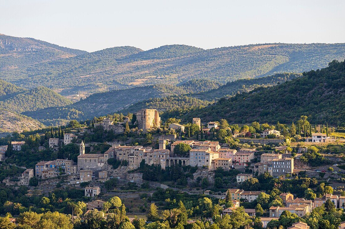 France, Drôme, regional natural park of Baronnies provençales, Montbrun-les-Bains, labeled the Most Beautiful Villages of France, the village and the Renaissance castle of Dupuy-Montbrun\n