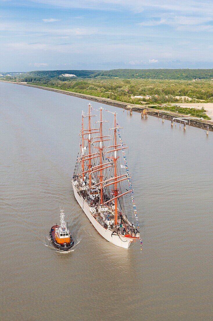 France, Calvados, Honfleur, Armada 2019, elevated view of Sedov, four masted schooner, sailing on the Seine Estuary\n