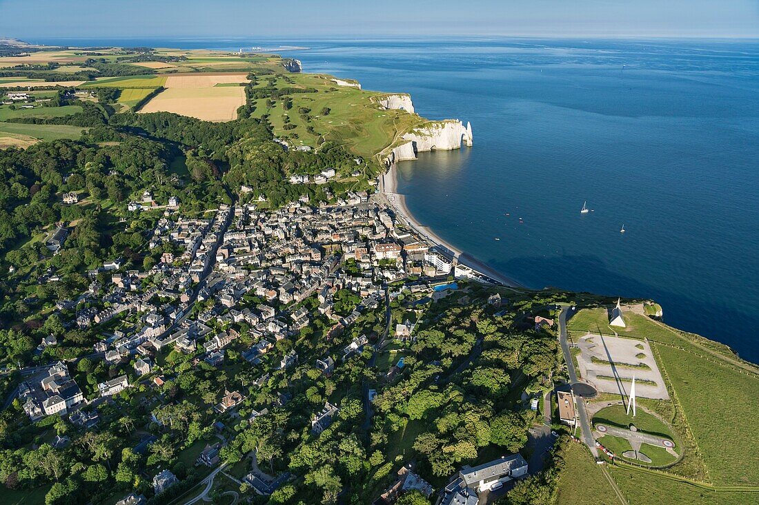 France, Seine Maritime, Etretat, Cote d'Abatre, the Oiseau Blanc, monument erected in memory of Nungesser and Coli, Notre Dame de la Garde chapel (aerial view)\n