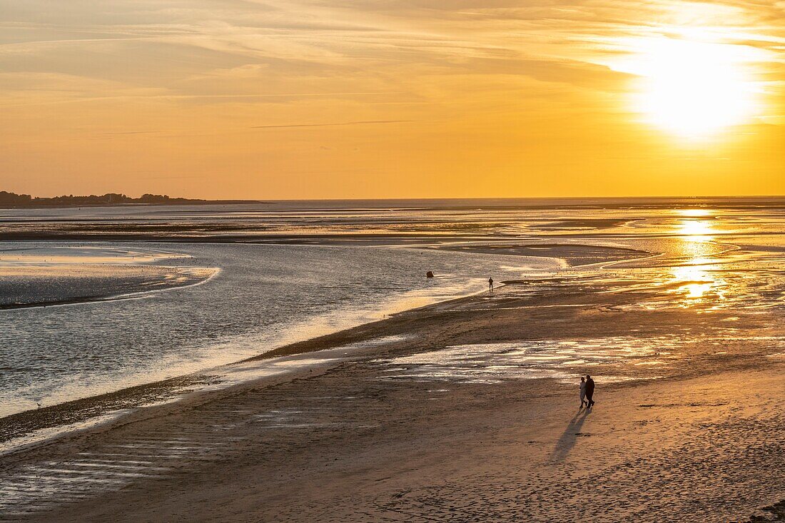 France, Somme, Somme Bay, Nature Reserve of the Somme Bay, Le Crotoy, Twilight on the beach of Le Crotoy a summer evening while tourists come to admire the sunset\n