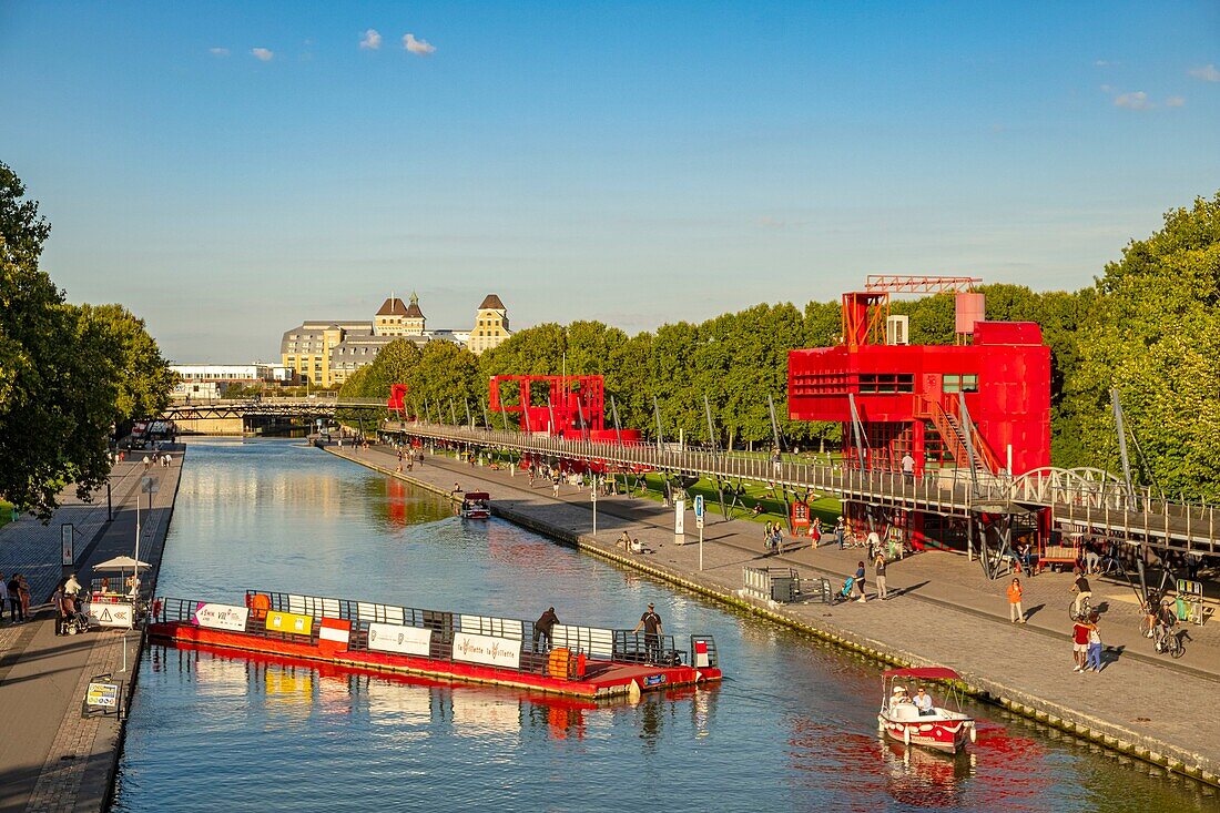 France, Paris, La Villette park, Ourcq canal, removable walkway\n