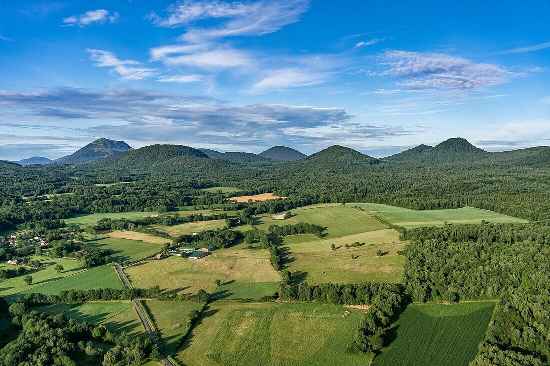 France, Auvergne, Puy de Dome, Volvic, Tourtoule, listed as World Heritage by UNESCO, the Chaine des Puys in the background (aerial view)\n