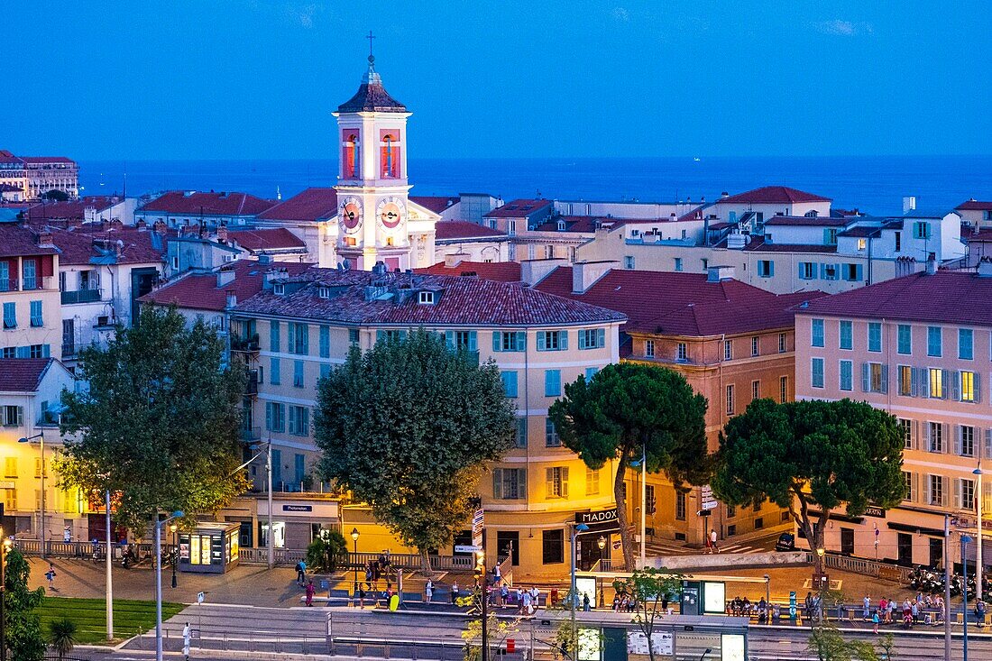 France, Alpes Maritimes, Nice, listed as World Heritage by UNESCO, Promenade du Paillon, Avenue Felix Faure, Clock Tower and the Mediterranean Sea in the background\n