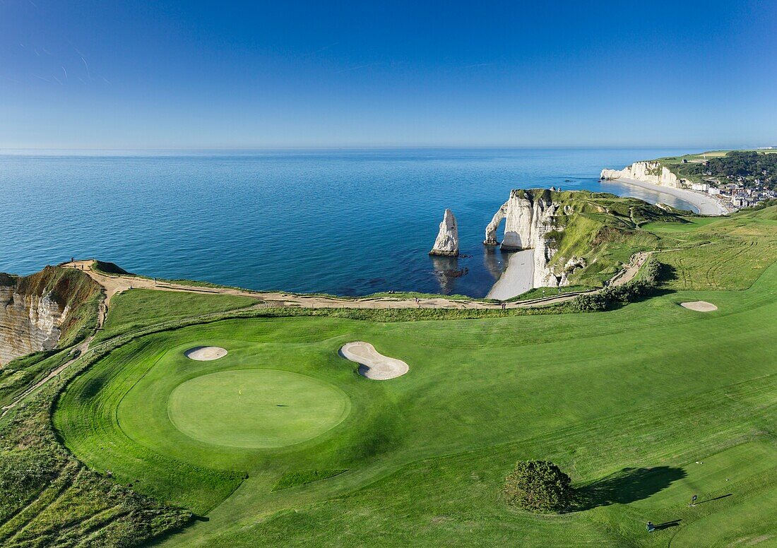 France, Seine Maritime, Etretat, Cote d'Abatre, the golf (aerial view)\n