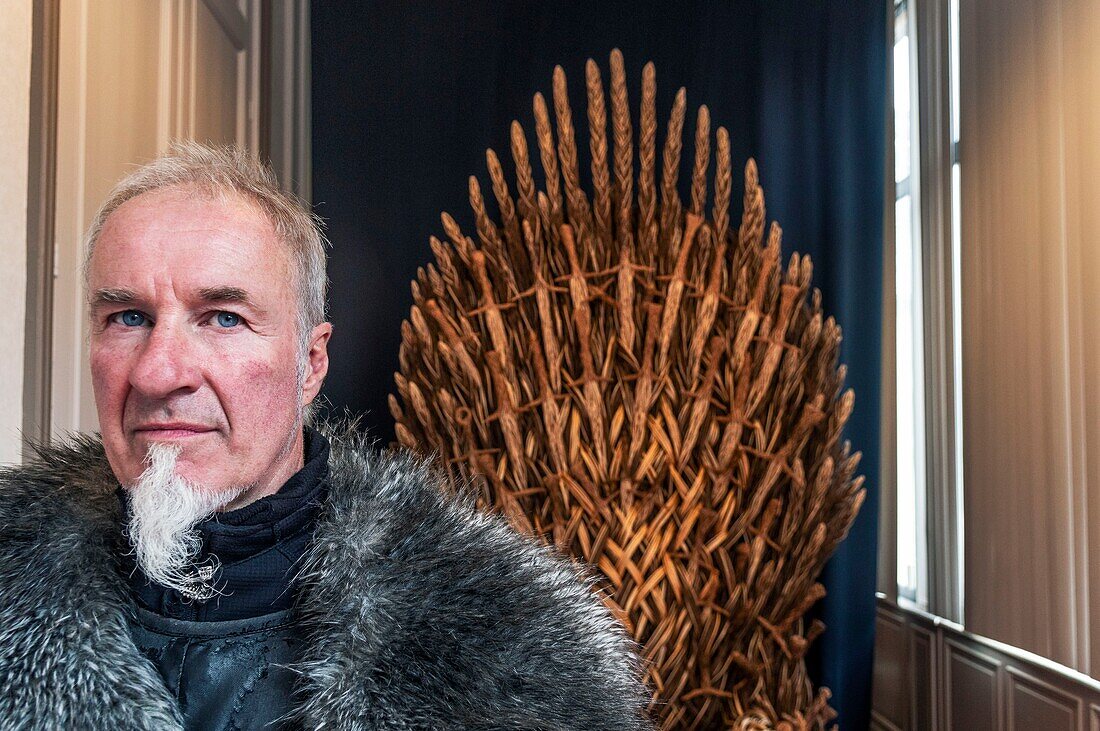France, Calvados, Bayeux, inauguration of the Game of Throne Tapestry more than 80 meters long in Hotel du Doyen heritage building, Iron Throne in basketry artwork\n