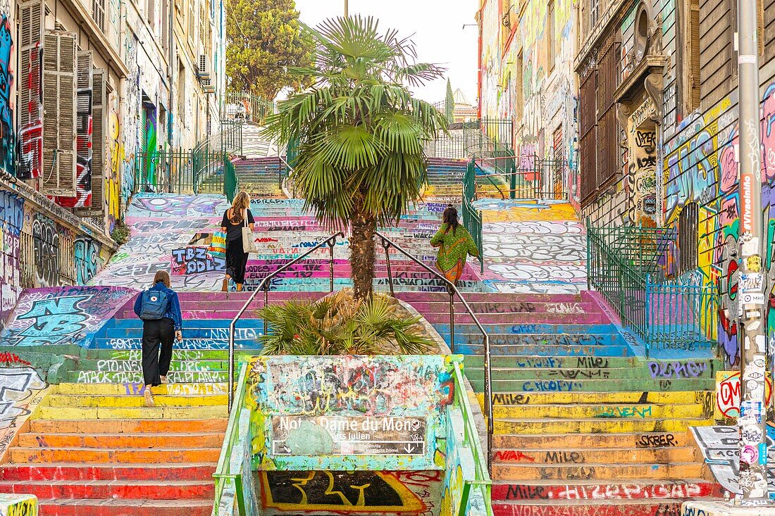 France, Bouches du Rhone, Marseille, the Cours Julien staircase, Street Art with tagg and graffiti\n