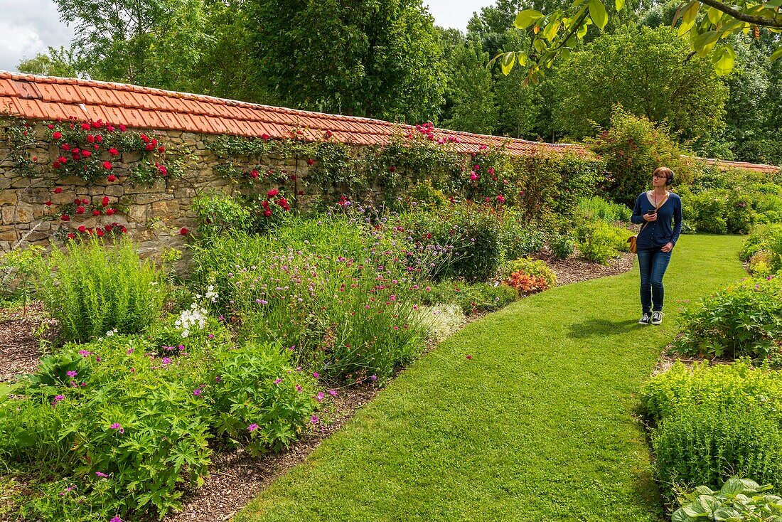 France, Loiret, La Neuville sur Essonne, Le Grand Jardin du Theatre des Minuits, (The Grand Jardin of Theatre des Minuits), Andre Eve Rose Garden, audio tour with the voice of Andre Eve\n