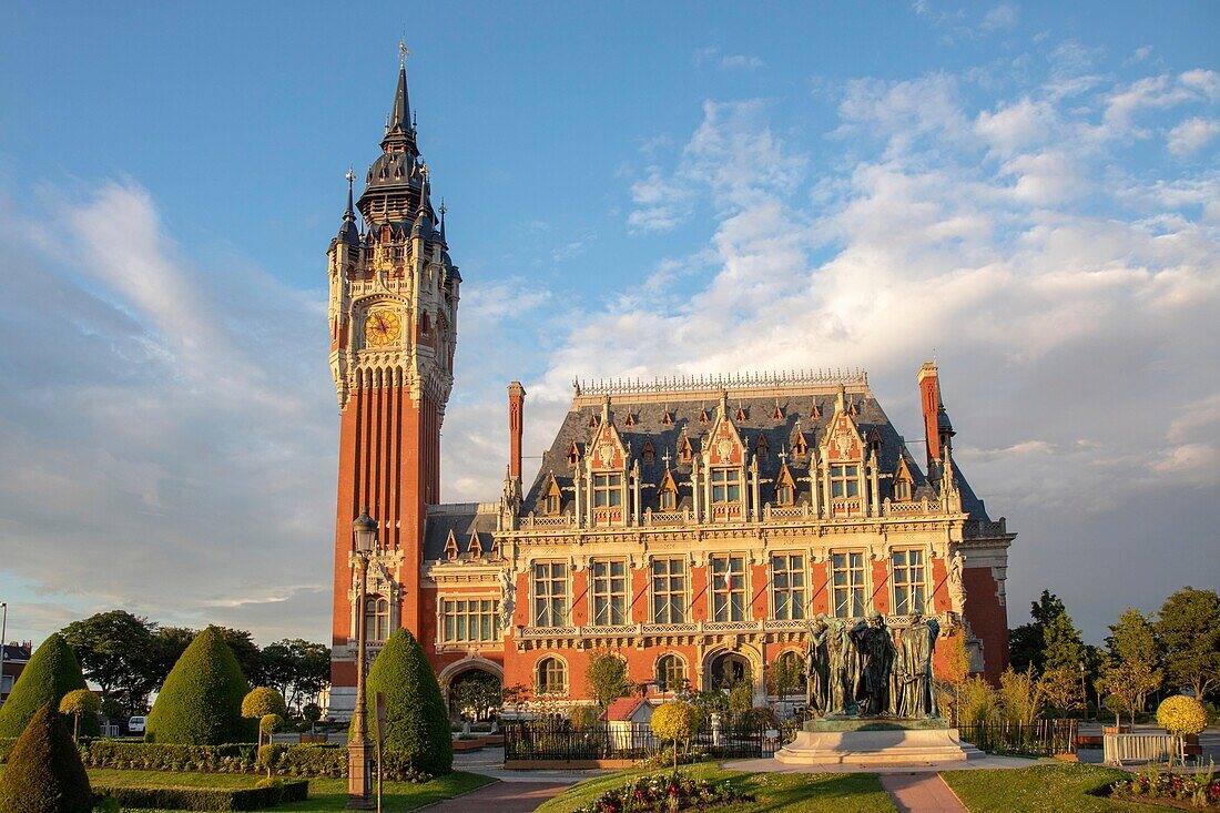 France, Pas de Calais, Calais, city hall of Calais topped by it's Belfry listed as World Heritage by UNESCO\n