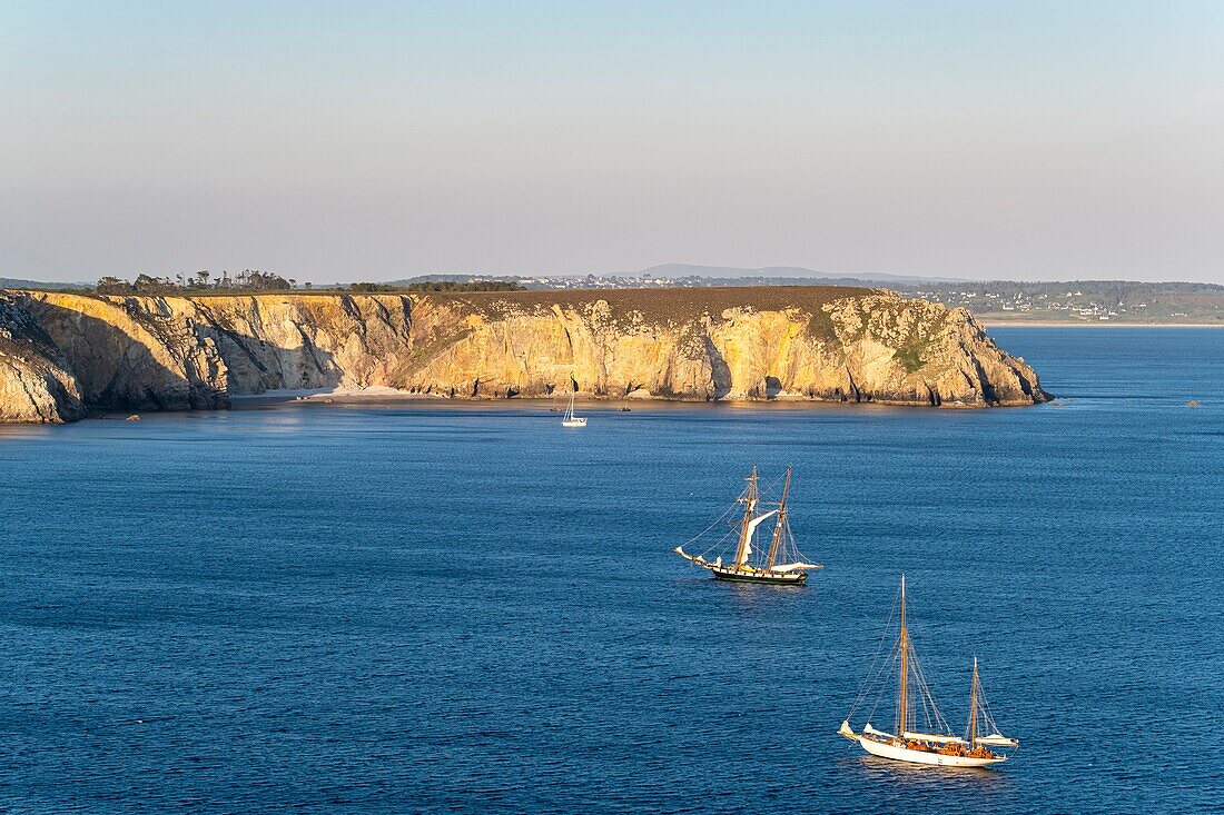 France, Finistere, Armorica Regional Natural Park, Crozon Peninsula, Camaret-sur-Mer, Anse de Pen Hir, La Recouvrance (center), property and symbol of the city of Brest\n