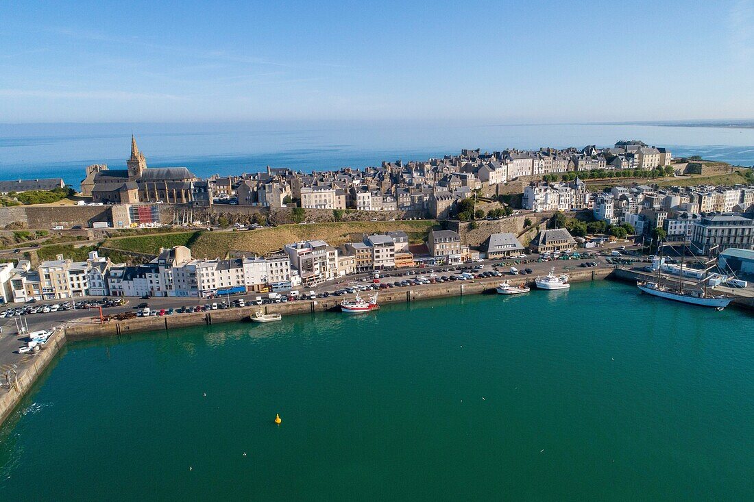 France, Manche, Cotentin, Granville, the Upper Town built on a rocky headland on the far eastern point of the Mont Saint Michel Bay, the fishing port and the Notre Dame du Cap Lihou (aerial view)\n