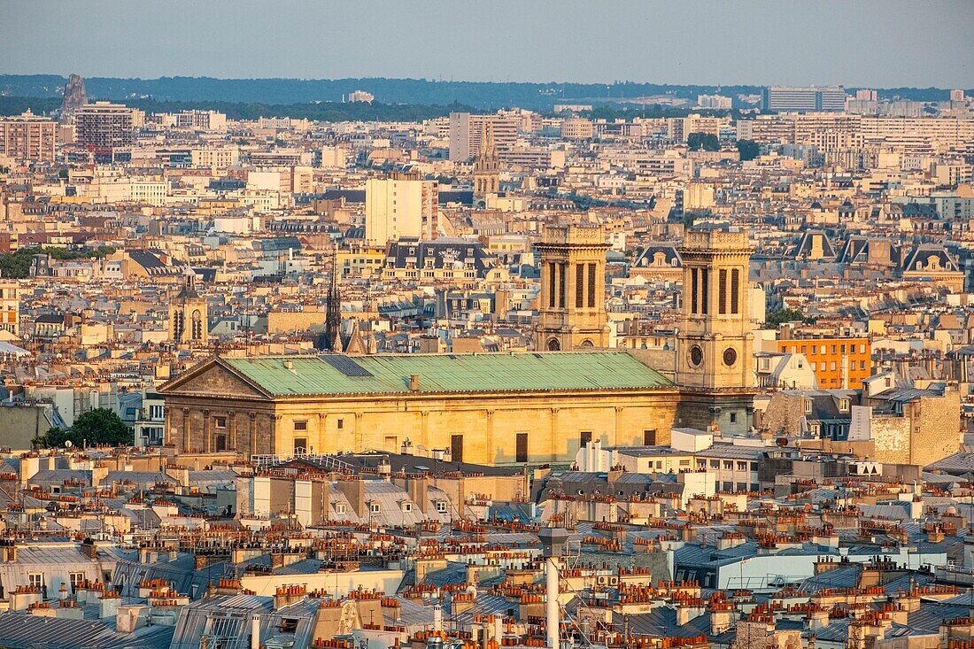 France, Paris, view on the roofs of Paris in Zinc with the Saint Sulpice church\n