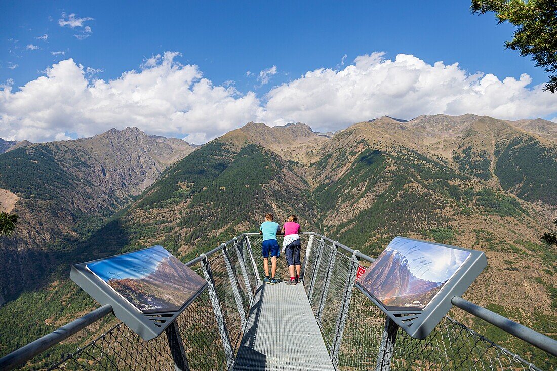 France, Alpes Maritimes, Mercantour national park, Saint Etienne de Tinee, the 5m long Vertige d'Auron footbridge with a view down over 500m of drop over the Tinee valley\n